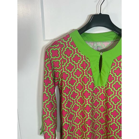 Cabana Life Retro Neon Green & Pink Tunic UPF 50 Womens Geometric Top - Picture 2 of 8